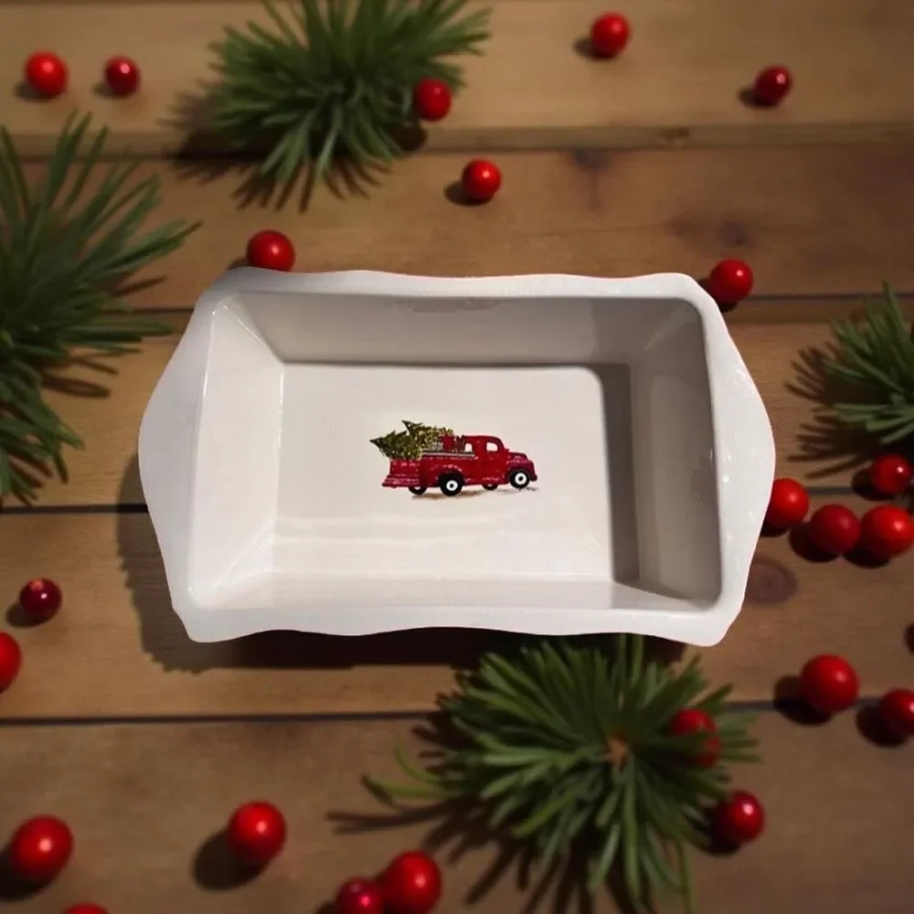 Vintage Grace Bake Shop Holiday Red Truck Christmas Tree Plaid Casserole Dish